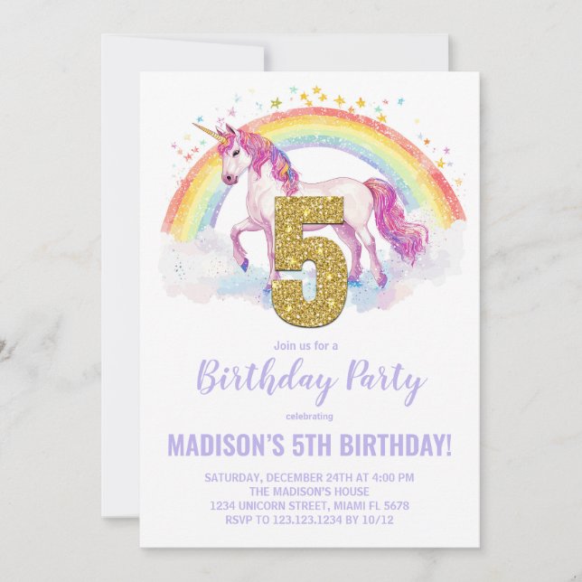 5 Rainbow Unicorn - Convites de aniversário (Frente)