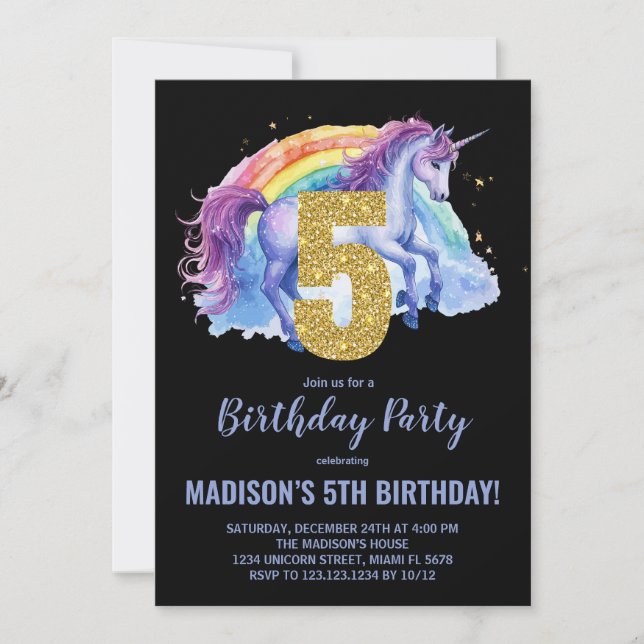 5 Rainbow Unicorn - Convites de aniversário (Frente)