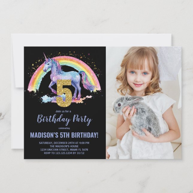 5 Rainbow Unicorn - Foto de Convites de Aniversári (Frente)