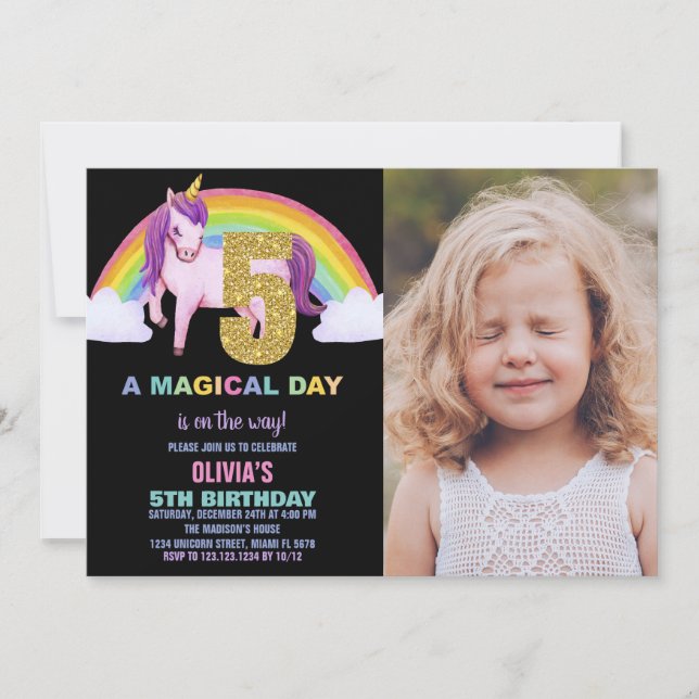 5 Rainbow Unicorn - Foto de Convites de Aniversári (Frente)