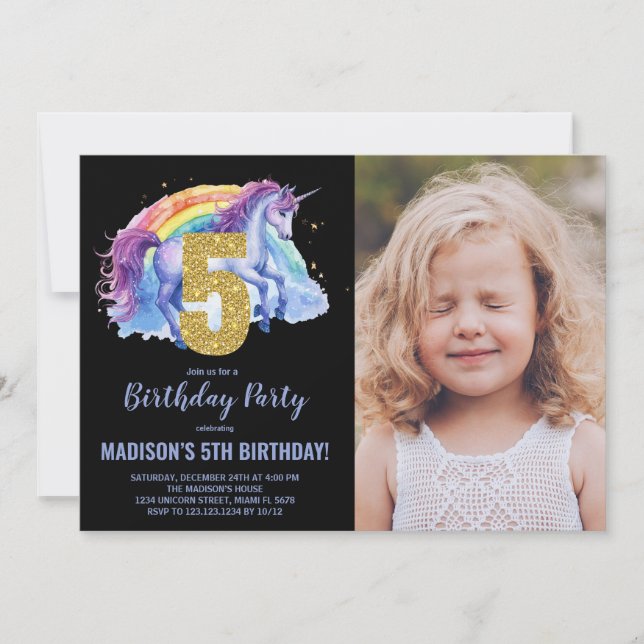 5 Rainbow Unicorn - Foto de Convites de Aniversári (Frente)