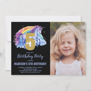 5 Rainbow Unicorn - Foto de Convites de Aniversári
