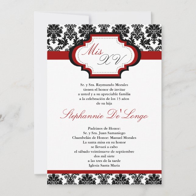 5 x 7 Crimson Red Damask Quinceanera Convite (Frente)