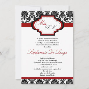 5 x 7 Crimson Red Damask Quinceanera Convite