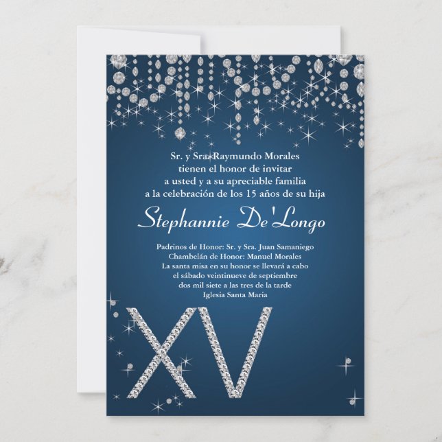 5 x 7 Diamante Azul Quinceanera Convite de Anivers (Frente)