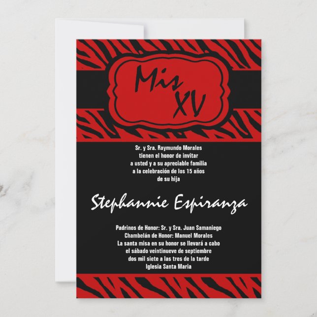 5 x 7 Red Zebra Imprima Quinceanera 15 Convite (Frente)