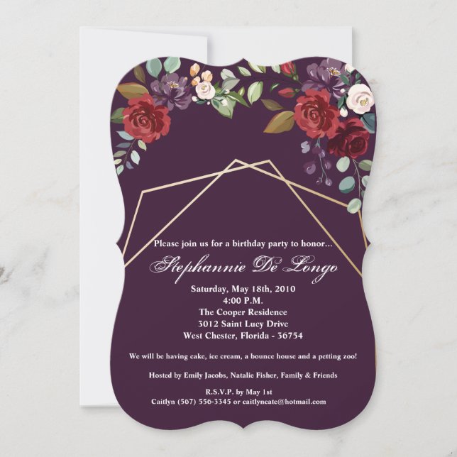 5x7 Aniversário Convite Plum Rosas Roxos Dourados  (Frente)