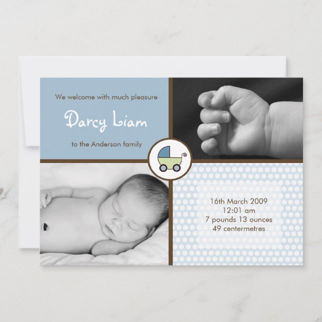 5x7 Baby BoyBlue Stroller Anúncio de nascimento de (Frente)