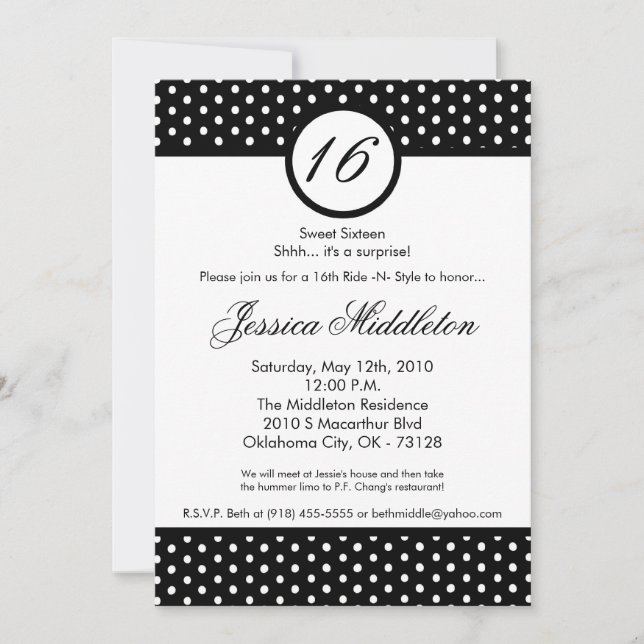 5x7 Bolinhas branca preta 16º Convite de aniversár (Frente)