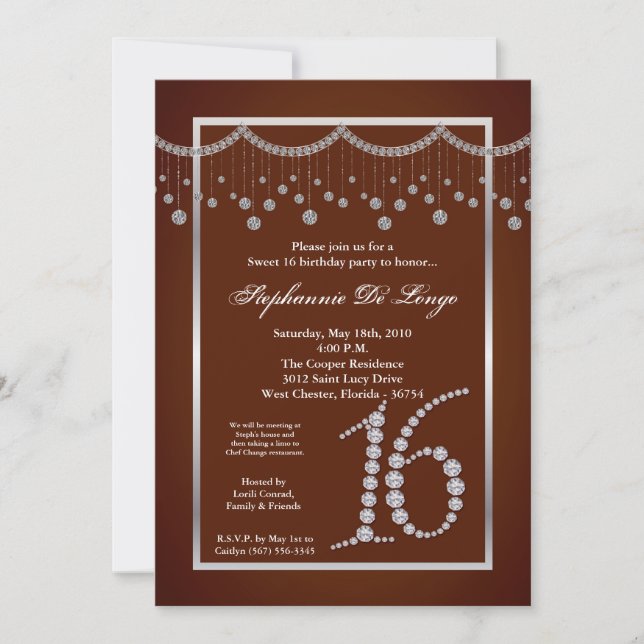 5x7 Castanho Diamante Doce 16 Convite de Aniversár (Frente)