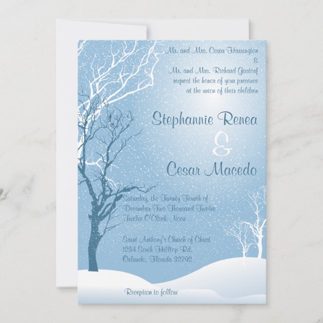5x7 Convite de Casamento Árvore Azul de Neve (Frente)