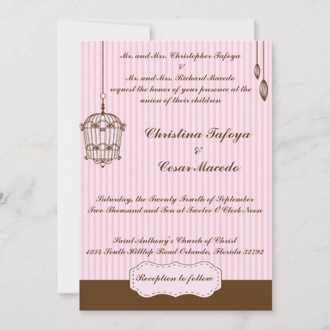 5x7 Convite de Casamento Birdcage/faixas rosa (Frente)