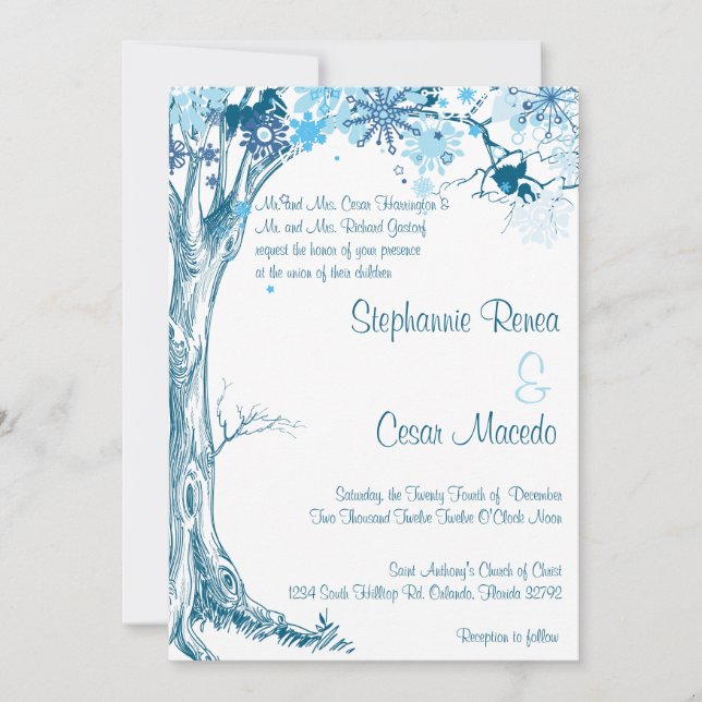 5x7 Convite de Casamento Flocos de Neve Azul Árvor (Frente)