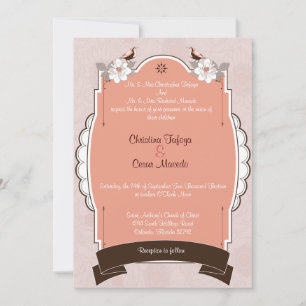 5x7 Convite de casamento Pink/Pássaro Floral Marro