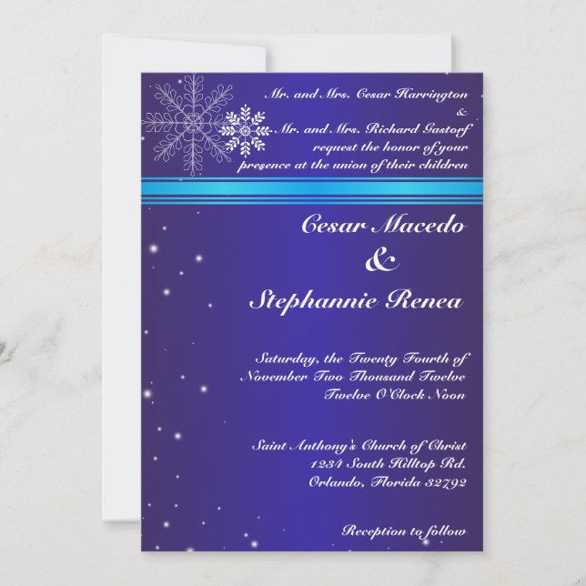 5x7 Convite para Casamento Flocos de Neve Azul Bra (Frente)