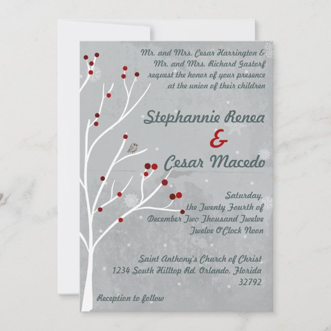 5x7 Convite para Casamento Holly Berry Tree White  (Frente)