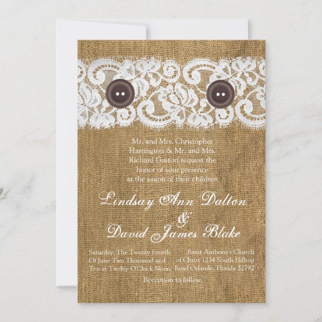 5x7 Local Botão de Convite Burlap Lace (Frente)