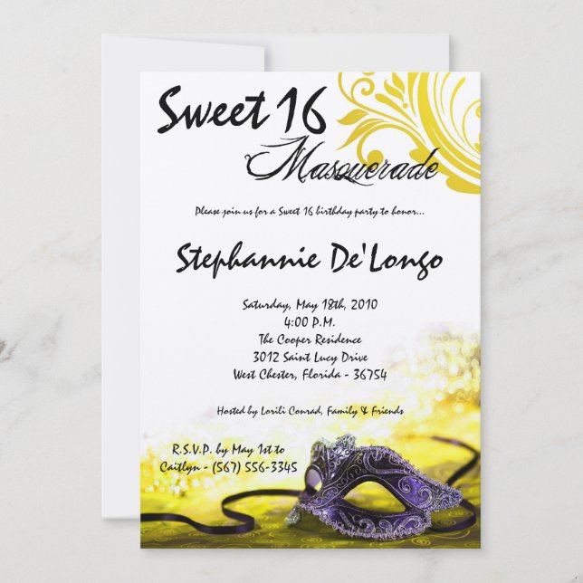5x7 Mascarada amarelo Doce 16 Convite de aniversár (Frente)