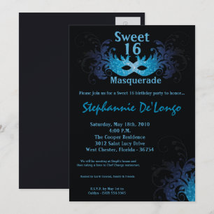 5x7 Mascarada Azul Doce 16 Convite de Aniversário