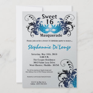 5x7 Mascarada Azul Doce 16 Convite de Aniversário