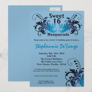 5x7 Mascarada Azul Doce 16 Convite de Aniversário