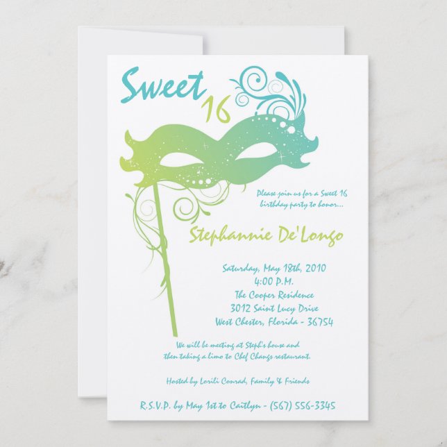 5x7 Mascarada de Teal Doce 16 Convite de Aniversár (Frente)