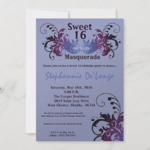5x7 Mascarada Roxo Doce 16 Convite de Aniversário