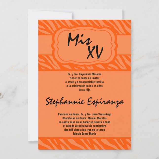 5x7 Orange Zebra Impressão Quinceanera 15 Convite (Frente)