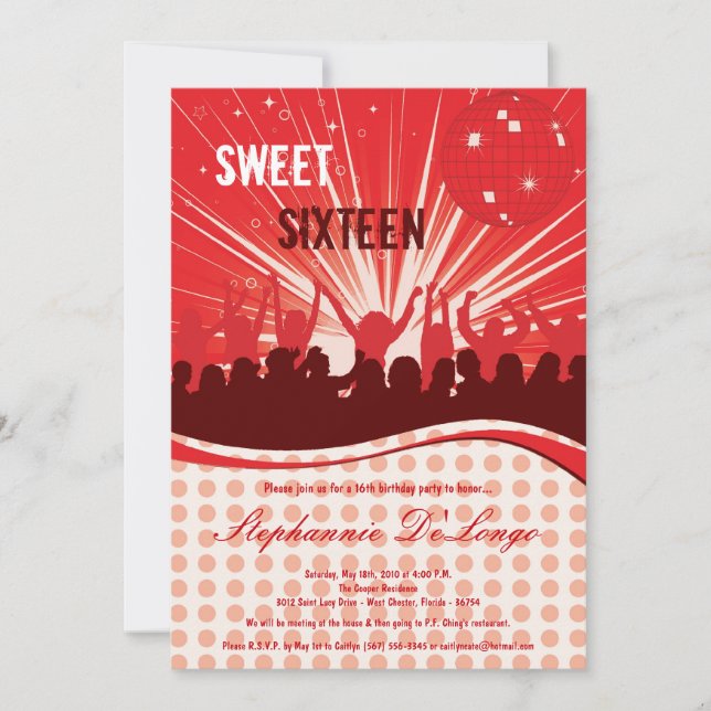 5x7 Red Dance Party 16º Convite de Aniversário (Frente)