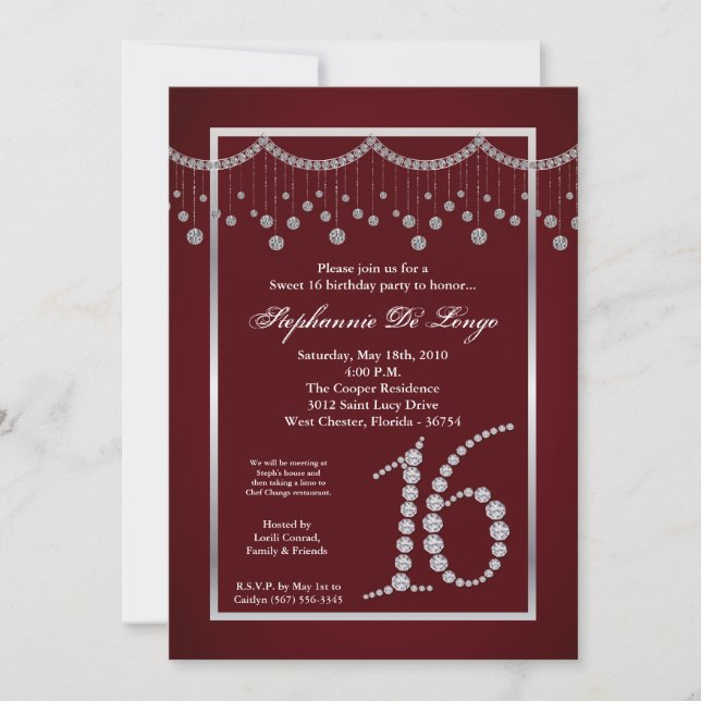 5x7 Red Diamond Sweet 16 Aniversário Convite (Frente)