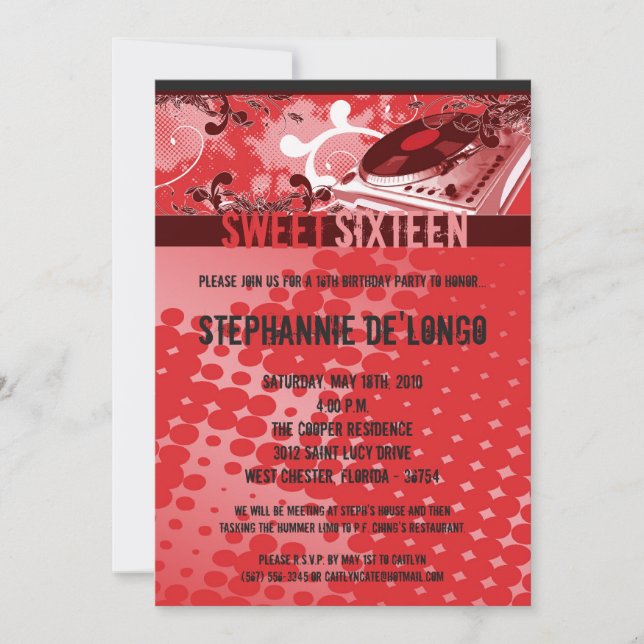5x7 Red DJ Spin Turntable16º Convite de Aniversári (Frente)
