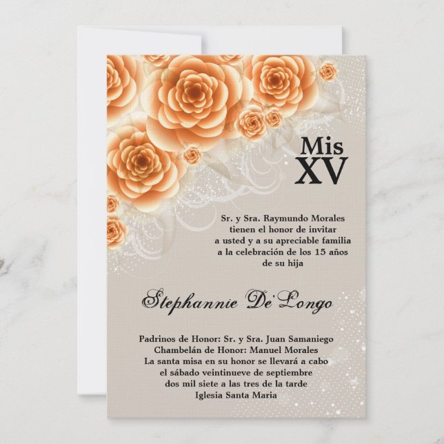5x7 Rosas Laranja Quinceanera Convite de Aniversár (Frente)