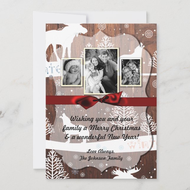 5x7 XMAS Cartão com fotos de madeira de veado de N (Frente)