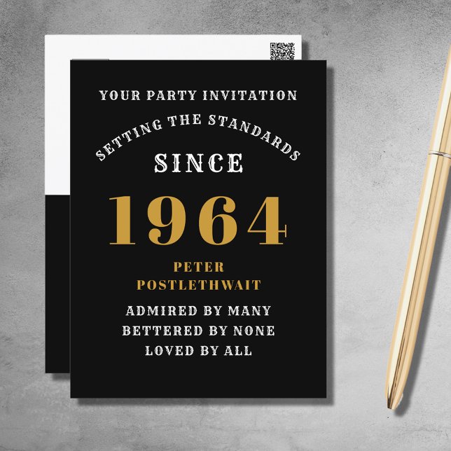 60º aniversário 1964 Convite Dourado a negro (Elegant Black and Gold 60th Birthday Invitation - Create Your Own Personalized Design.)