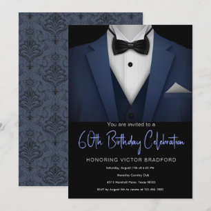 60º Aniversário Azul e preto Convite Tuxedo