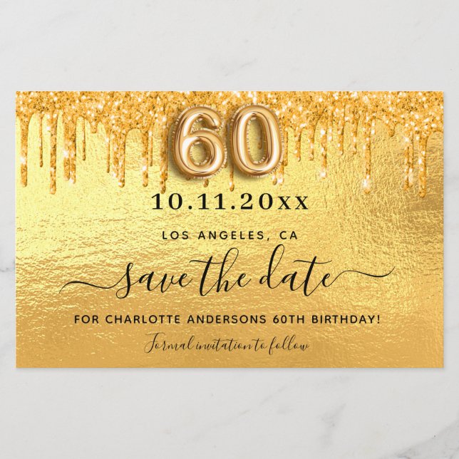 60º aniversário - brilho dourado guardar o cartão  (Frente)