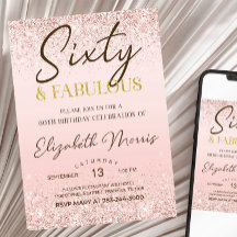 60º Aniversário Convite para Impressão Rosa Dourad