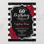 60º Aniversário Convite Rosas de Stripes Brancas N<br><div class="desc">60º Convite de Aniversário design vermelho preto Elegante com brilho falso. Listras pretas e brancas com rosas vermelhas. Perfeito para uma bolsa mensageifesta de aniversario elegante.</div>