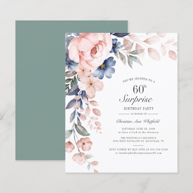 60º Aniversário do Convite de Script Floral Rosa (Frente/Verso)
