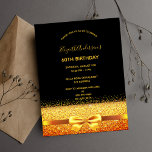 60º convite à festa de aniversário de ouro preto<br><div class="desc">Um convite moderno, na moda e glamouroso para a 60ª festa de aniversário feminina. Um fundo preto chic com um elegante arco de ouro falso, fita e brilho. O nome é escrito com um moderno script de estilo escrito à mão no ouro. Modelos para os detalhes da sua festa. Dica:...</div>