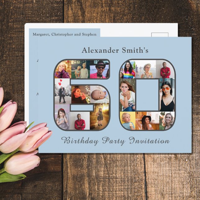 60º Convite de Aniversário 60 Foto Azul Claro (Light powder blue 60th birthday party photo invitation with photo collage template.)