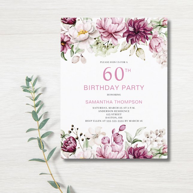 60º Convite de Aniversário, Cor-de-Rosa Floral (Criador carregado)