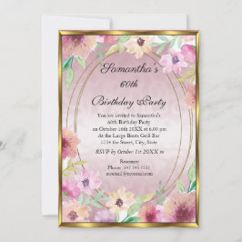 60º Convite de aniversário Dourado Floral Rosa