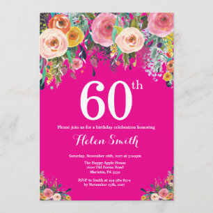 60º Convite de Aniversário, Floral, Rosa Quente