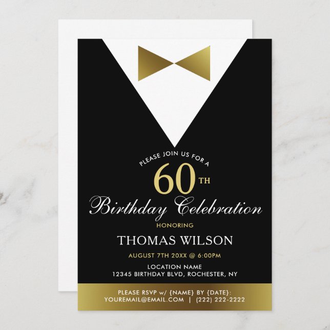 60º Convites de aniversário Dourado Tuxedo preto (Frente/Verso)