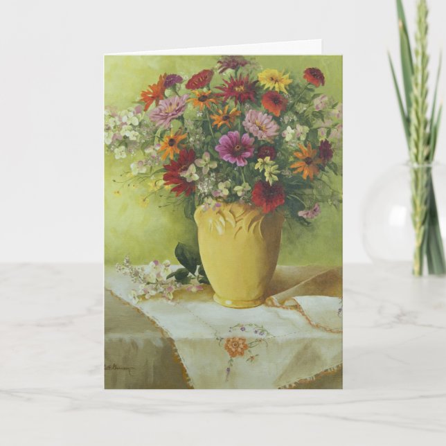 6021 Zinnias em Cartão de Aniversário Vase Amarelo (Frente)