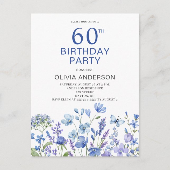 60.º Aniversário Convite Floral Azul (Frente)