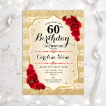 60.º aniversário - Convite para Rosas de faixas Do<br><div class="desc">60º Convite de Aniversário. Design elegante em ouro e vermelho. Apresenta faixas de ouro com brilho sutil,  fonte de script do rosa vermelha na moda e confetti. Perfeito para uma festa de aniversário de vidro.</div>