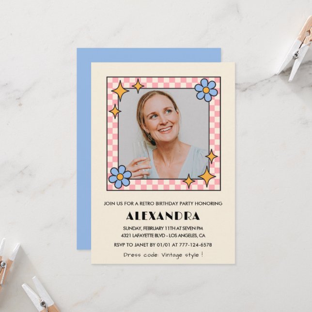 60.º aniversário convite Retro Groovy Blue Floral (Frente/Verso In Situ)