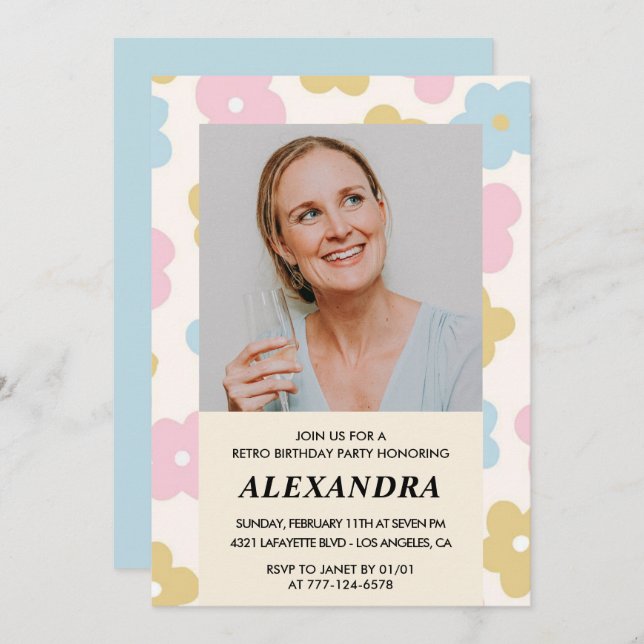 60.º aniversário convite Retro Groovy Floral Cute (Frente/Verso)